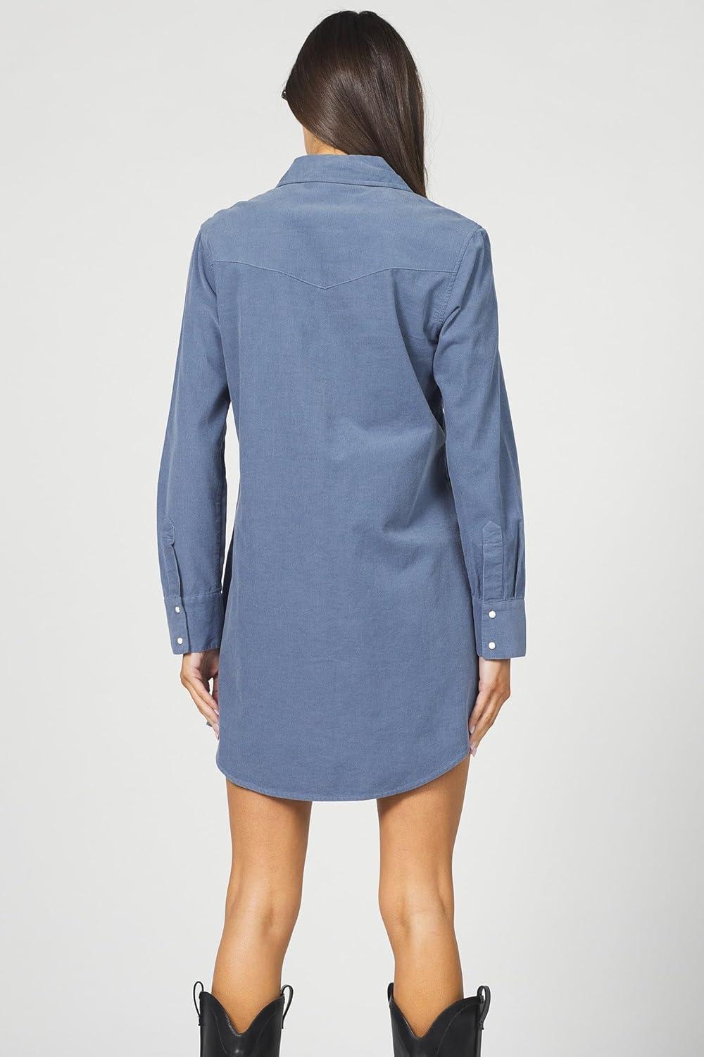 image:imageDEAR JOHN Rory Dress Midi Length Relaxed Fit Long Sleeve Button Front Corduroy CollaredVintage Indigo