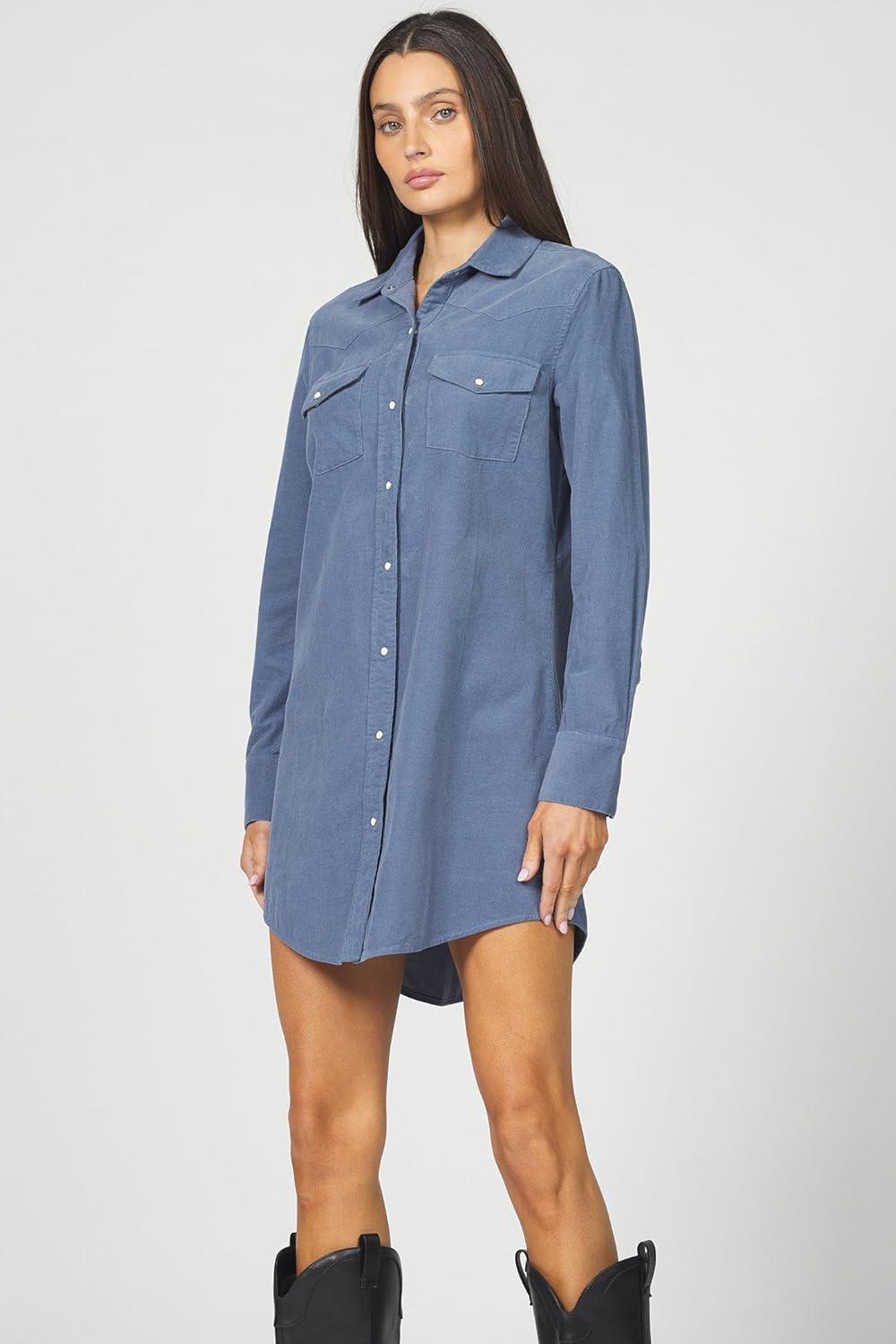 image:imageDEAR JOHN Rory Dress Midi Length Relaxed Fit Long Sleeve Button Front Corduroy CollaredVintage Indigo
