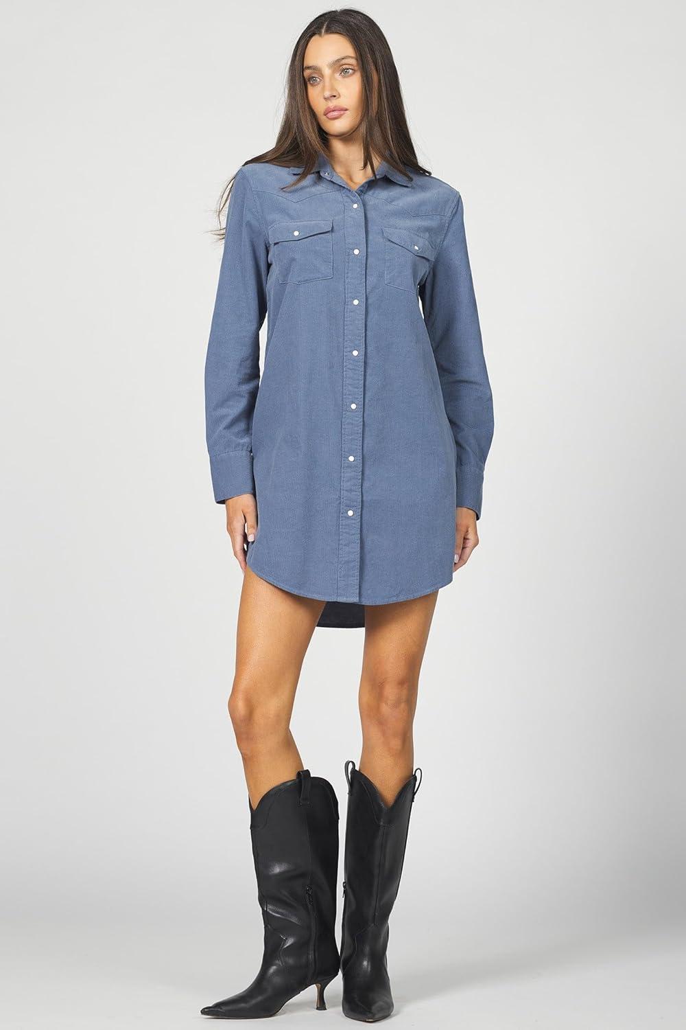image:imageDEAR JOHN Rory Dress Midi Length Relaxed Fit Long Sleeve Button Front Corduroy CollaredVintage Indigo