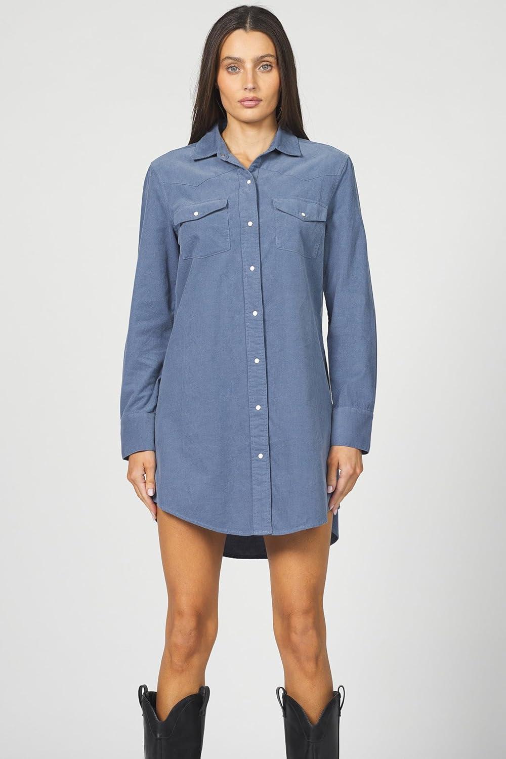 image:imageDEAR JOHN Rory Dress Midi Length Relaxed Fit Long Sleeve Button Front Corduroy CollaredVintage Indigo