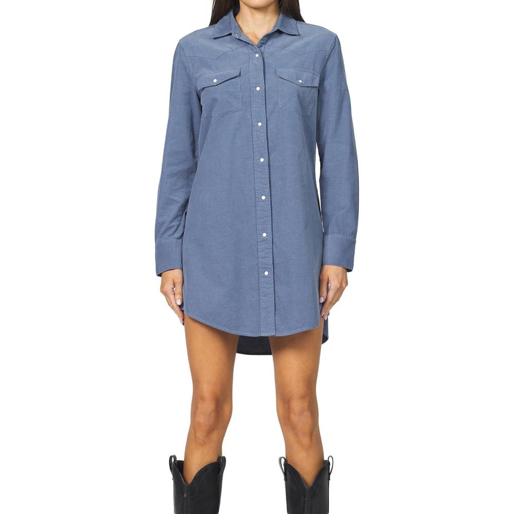 image:imageDEAR JOHN Rory Dress Midi Length Relaxed Fit Long Sleeve Button Front Corduroy CollaredVintage Indigo