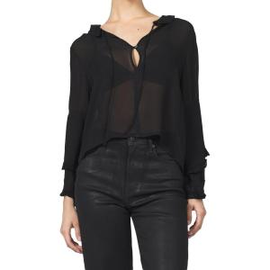 image:imageDEAR JOHN Jacquel Novelty Blouse Womens Long Sleeve Relaxed Fit Ruffle Front ButtonUp TopBlack