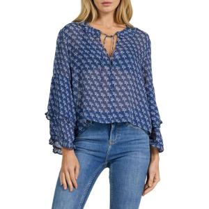 image:imageDEAR JOHN Jacquel Novelty Blouse Womens Long Sleeve Relaxed Fit Ruffle Front ButtonUp TopBlack Iris