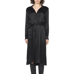 image:imageDEAR JOHN Galina Satin Shirt Dress Womens Long Sleeve Belted Button Front Midi Dress Luxe Fluid Silhouette  Black  XSmall