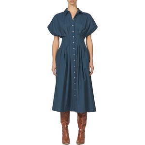image:imageDEAR JOHN Plisse Dress Womens Short Sleeve ButtonUp Collared Midi Stripe DressDeep Teal Stripe
