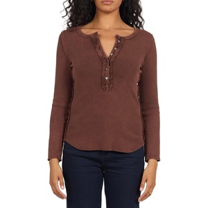 image:imageDEAR JOHN Edie Womens Long Sleeve Tee ButtonFront Neckline Stretch Fabric GarmentDyed Finish Washed Cappuccino Size Medium