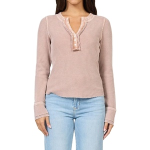 image:imageDEAR JOHN Luna Top Womens Classic Fit Thermal Henley Long Sleeve Button Front TopPink Clay
