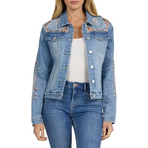 image:imageDEAR JOHN Ainsley Denim Jacket Womens Relaxed Fit Stretch Denim Embroidered Button Front Collared JacketSanta Fe