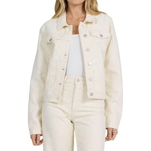 image:imageDEAR JOHN Ainsley Denim Jacket Womens Relaxed Fit Stretch Denim Embroidered Button Front Collared JacketWheat Lace