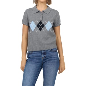 image:imageDEAR JOHN Denali Womens Short Sleeve Argyle Sweater Relaxed Fit CollaredGrey Combo