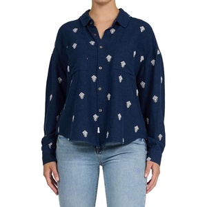 image:imageDEAR JOHN Adrianna ButtonDown Womens Shirt Oversized Fit Collared Long Sleeve Woven  Navy Rama Emb  Size Medium